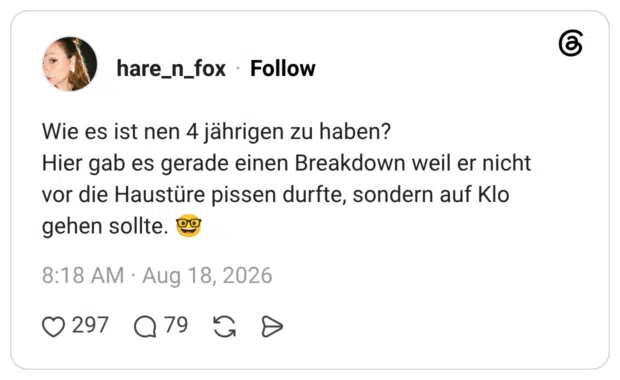 Wie es ist nen 4 jährigen zu haben? Hier gab es gerade einen Breakdown weil er nicht vor die Haustüre pissen durfte, sondern auf Klo gehen sollte.