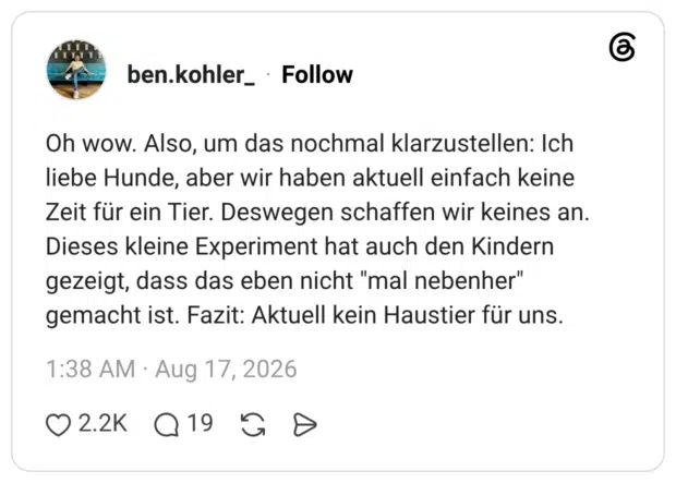 Oh wow. Also, um das nochmal klarzustellen: Ich liebe Hunde, aber wir haben aktuell einfach keine Zeit für ein Tier. Deswegen schaffen wir keines an. Dieses kleine Experiment hat auch den Kindern gezeigt, dass das eben nicht "mal nebenher" gemacht ist. Fazit: Aktuell kein Haustier für uns.