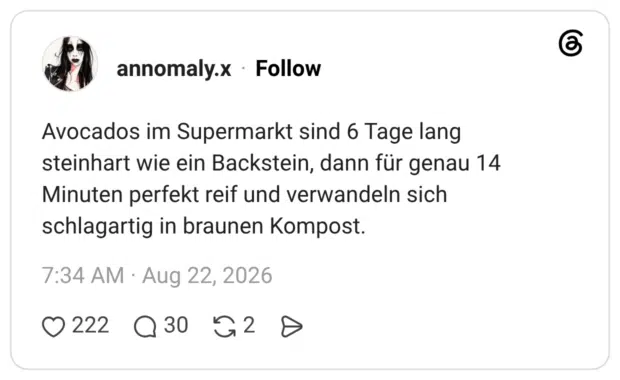 Avocados im Supermarkt sind 6 Tage lang steinhart wie ein Backstein, dann für genau 14 Minuten perfekt reif und verwandeln sich schlagartig in braunen Kompost.