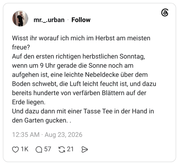 Wisst ihr worauf ich mich im Herbst am meisten freue? Auf den ersten richtigen herbstlichen Sonntag, wenn um 9 Uhr gerade die Sonne noch am aufgehen ist, eine leichte Nebeldecke über dem Boden schwebt, die Luft leicht feucht ist, und dazu bereits hunderte von verfärben Blättern auf der Erde liegen. Und dazu dann mit einer Tasse Tee in der Hand in den Garten gucken. .