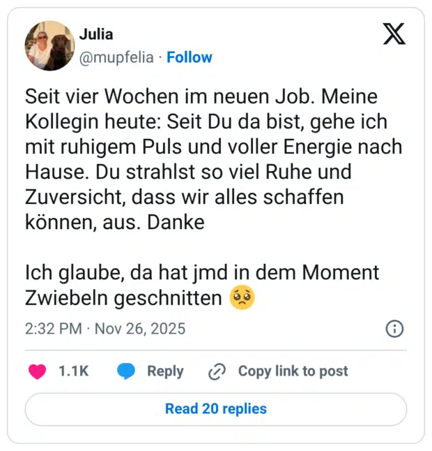 Seit vier Wochen im neuen Job. Meine Kollegin heute: Seit Du da bist, gehe ich mit ruhigem Puls und voller Energie nach Hause. Du strahlst so viel Ruhe und Zuversicht, dass wir alles schaffen können, aus. Danke Ich glaube, da hat jmd in dem Moment Zwiebeln geschnitten