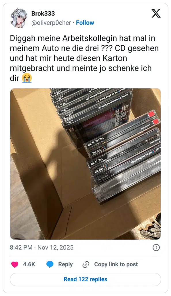 Diggah meine Arbeitskollegin hat mal in meinem Auto ne die drei ??? CD gesehen und hat mir heute diesen Karton mitgebracht und meinte jo schenke ich dir