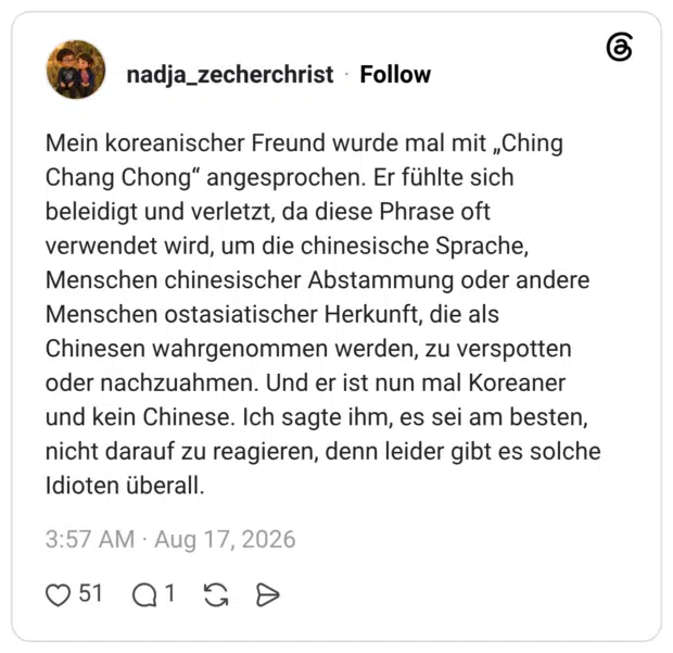 Mein koreanischer Freund wurde mal mit „Ching Chang Chong“ angesprochen. Er fühlte sich beleidigt und verletzt, da diese Phrase oft verwendet wird, um die chinesische Sprache, Menschen chinesischer Abstammung oder andere Menschen ostasiatischer Herkunft, die als Chinesen wahrgenommen werden, zu verspotten oder nachzuahmen. Und er ist nun mal Koreaner und kein Chinese. Ich sagte ihm, es sei am besten, nicht darauf zu reagieren, denn leider gibt es solche Idioten überall.