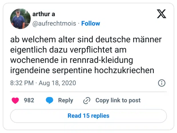 ab welchem alter sind deutsche männer eigentlich dazu verpflichtet am wochenende in rennrad-kleidung irgendeine serpentine hochzukriechen