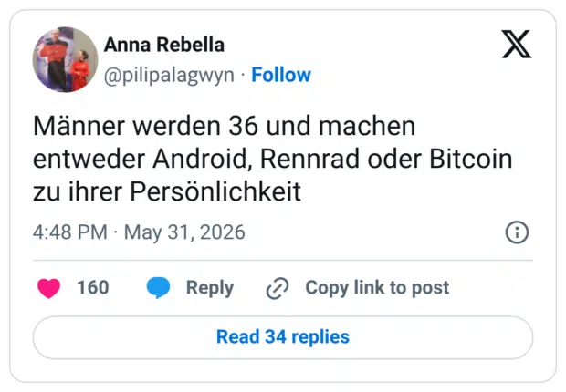 Männer werden 36 und machen entweder Android, Rennrad oder Bitcoin zu ihrer Persönlichkeit