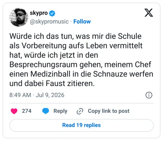 Würde ich das tun, was mir die Schule als Vorbereitung aufs Leben vermittelt hat, würde ich jetzt in den Besprechungsraum gehen, meinem Chef einen Medizinball in die Schnauze werfen und dabei Faust zitieren.