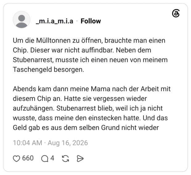 Um die Mülltonnen zu öffnen, brauchte man einen Chip. Dieser war nicht auffindbar. Neben dem Stubenarrest, musste ich einen neuen von meinem Taschengeld besorgen. Abends kam dann meine Mama nach der Arbeit mit diesem Chip an. Hatte sie vergessen wieder aufzuhängen. Stubenarrest blieb, weil ich ja nicht wusste, dass meine den einstecken hatte. Und das Geld gab es aus dem selben Grund nicht wieder