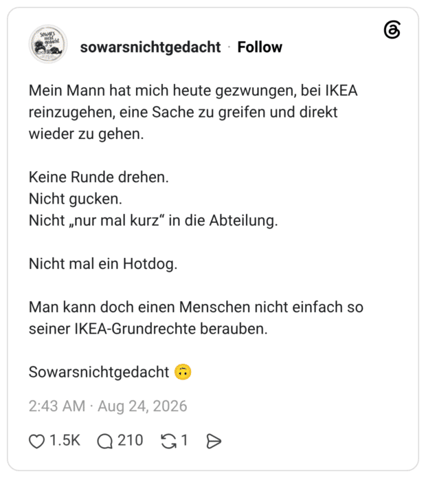 Mein Mann hat mich heute gezwungen, bei IKEA reinzugehen, eine Sache zu greifen und direkt wieder zu gehen. Keine Runde drehen. Nicht gucken. Nicht „nur mal kurz“ in die Abteilung. Nicht mal ein Hotdog. Man kann doch einen Menschen nicht einfach so seiner IKEA-Grundrechte berauben. Sowarsnichtgedacht 🙃