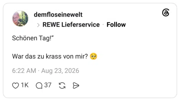 demfloseinewelt REWE Lieferservice 2 Tage Schönen Tag!“ War das zu krass von mir? 🥺