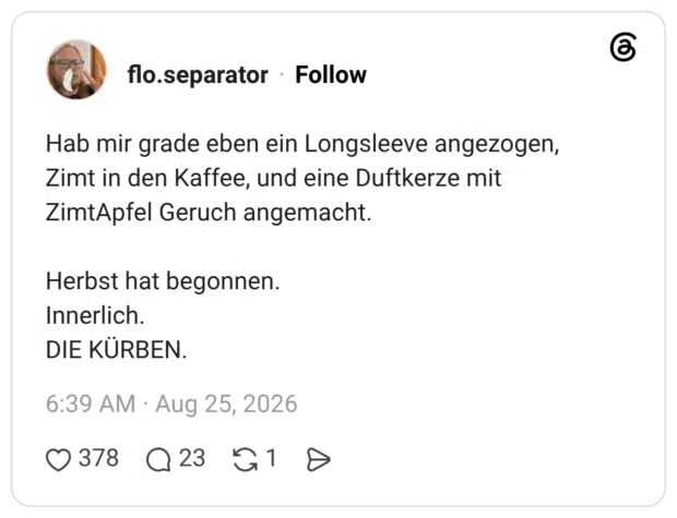 Hab mir grade eben ein Longsleeve angezogen, Zimt in den Kaffee, und eine Duftkerze mit ZimtApfel Geruch angemacht. Herbst hat begonnen. Innerlich. DIE KÜRBEN.