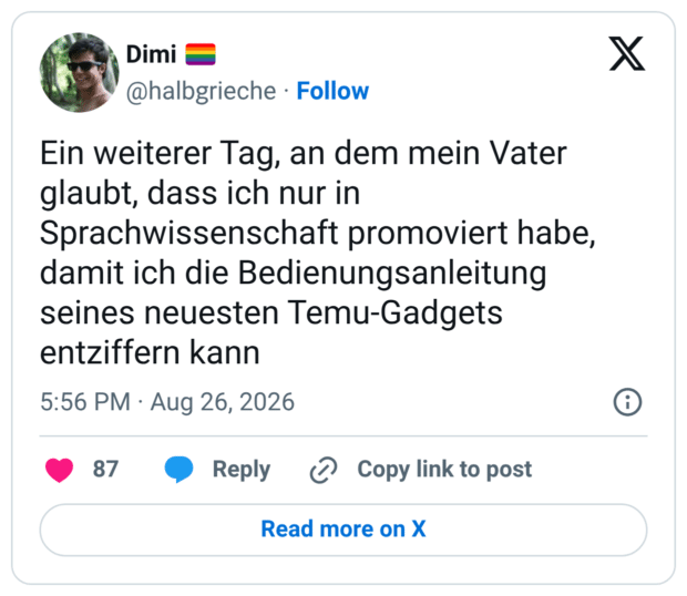 Ein weiterer Tag, an dem mein Vater glaubt, dass ich nur in Sprachwissenschaft promoviert habe, damit ich die Bedienungsanleitung seines neuesten Temu-Gadgets entziffern kann