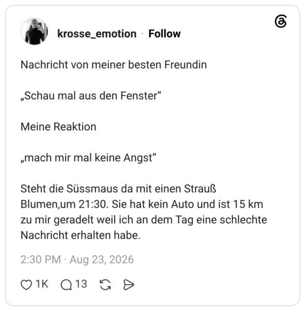 Nachricht von meiner besten Freundin „Schau mal aus den Fenster“ Meine Reaktion „mach mir mal keine Angst“ Steht die Süssmaus da mit einen Strauß Blumen,um 21:30. Sie hat kein Auto und ist 15 km zu mir geradelt weil ich an dem Tag eine schlechte Nachricht erhalten habe.