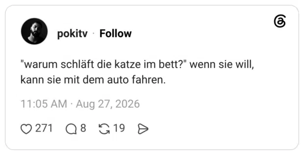 "warum schläft die katze im bett?" wenn sie will, kann sie mit dem auto fahren.