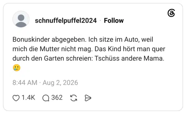 Bonuskinder abgegeben. Ich sitze im Auto, weil mich die Mutter nicht mag. Das Kind hört man quer durch den Garten schreien: Tschüss andere Mama.