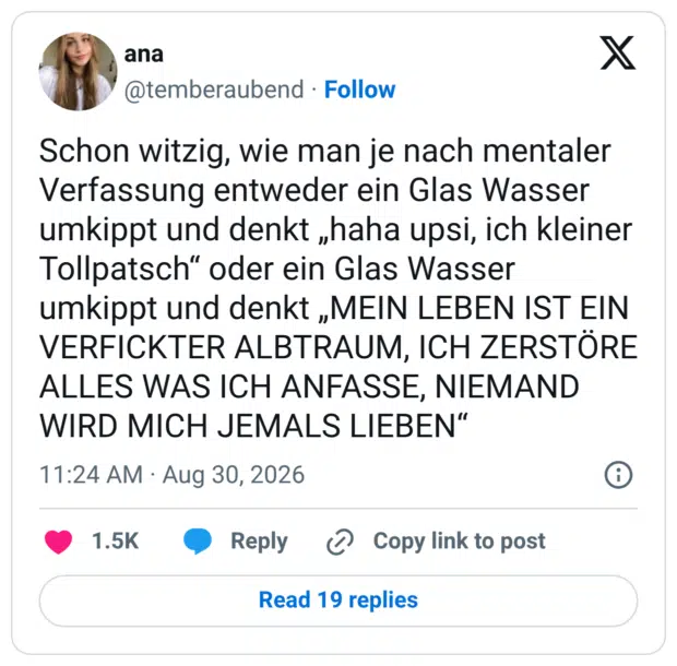 Schon witzig, wie man je nach mentaler Verfassung entweder ein Glas Wasser umkippt und denkt „haha upsi, ich kleiner Tollpatsch“ oder ein Glas Wasser umkippt und denkt „MEIN LEBEN IST EIN VER****** ALBTRAUM, ICH ZERSTÖRE ALLES WAS ICH ANFASSE, NIEMAND WIRD MICH JEMALS LIEBEN“