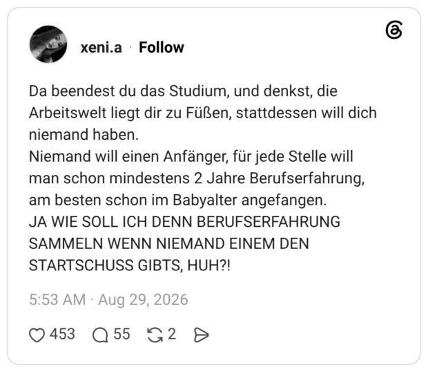 Da beendest du das Studium, und denkst, die Arbeitswelt liegt dir zu Füßen, stattdessen will dich niemand haben. Niemand will einen Anfänger, für jede Stelle will man schon mindestens 2 Jahre Berufserfahrung, am besten schon im Babyalter angefangen. JA WIE SOLL ICH DENN BERUFSERFAHRUNG SAMMELN WENN NIEMAND EINEM DEN STARTSCHUSS GIBTS, HUH?!