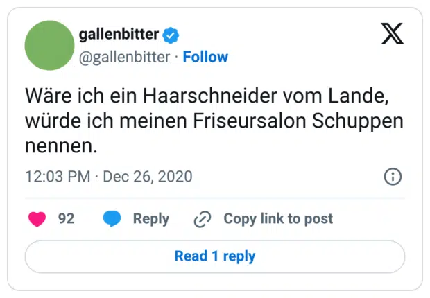 Wäre ich ein Haarschneider vom Lande, würde ich meinen Friseursalon Schuppen nennen.
