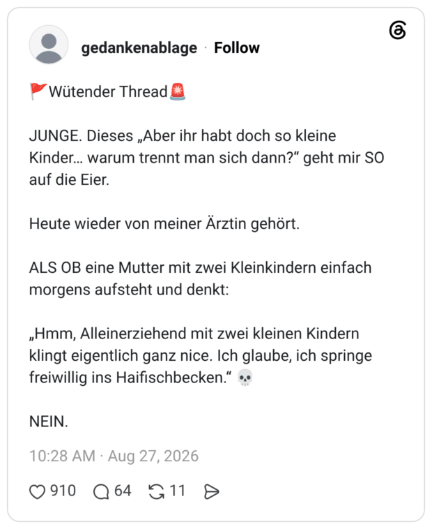 🚩Wütender Thread🚨 JUNGE. Dieses „Aber ihr habt doch so kleine Kinder… warum trennt man sich dann?“ geht mir SO auf die Eier. Heute wieder von meiner Ärztin gehört. ALS OB eine Mutter mit zwei Kleinkindern einfach morgens aufsteht und denkt: „Hmm, Alleinerziehend mit zwei kleinen Kindern klingt eigentlich ganz nice. Ich glaube, ich springe freiwillig ins Haifischbecken.“ 💀 NEIN.