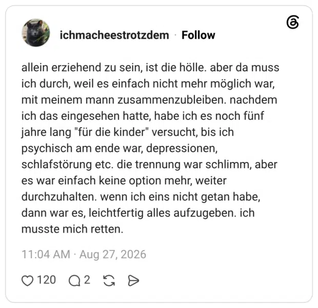 ichmacheestrotzdem 3 Tage allein erziehend zu sein, ist die hölle. aber da muss ich durch, weil es einfach nicht mehr möglich war, mit meinem mann zusammenzubleiben. nachdem ich das eingesehen hatte, habe ich es noch fünf jahre lang "für die kinder" versucht, bis ich psychisch am ende war, depressionen, schlafstörung etc. die trennung war schlimm, aber es war einfach keine option mehr, weiter durchzuhalten. wenn ich eins nicht getan habe, dann war es, leichtfertig alles aufzugeben. ich musste mich retten.