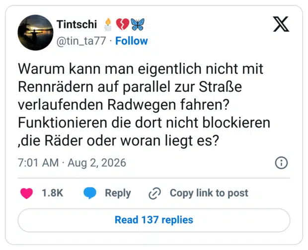 Warum kann man eigentlich nicht mit Rennrädern auf parallel zur Straße verlaufenden Radwegen fahren? Funktionieren die dort nicht blockieren ‚die Räder oder woran liegt es?