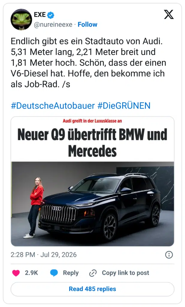 Endlich gibt es ein Stadtauto von Audi. 5,31 Meter lang, 2,21 Meter breit und 1,81 Meter hoch. Schön, dass der einen V6-Diesel hat. Hoffe, den bekomme ich als Job-Rad.