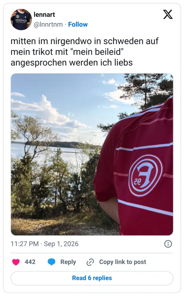 mitten im nirgendwo in schweden auf mein trikot mit "mein beileid" angesprochen werden ich liebs