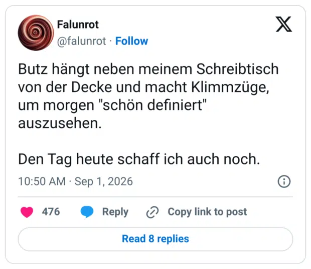 Butz hängt neben meinem Schreibtisch von der Decke und macht Klimmzüge, um morgen "schön definiert" auszusehen. Den Tag heute schaff ich auch noch.