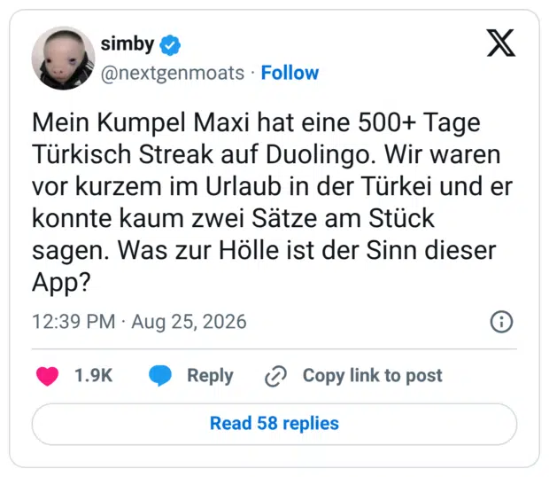 Mein Kumpel Maxi hat eine 500+ Tage Türkisch Streak auf Duolingo. Wir waren vor kurzem im Urlaub in der Türkei und er konnte kaum zwei Sätze am Stück sagen. Was zur Hölle ist der Sinn dieser App?