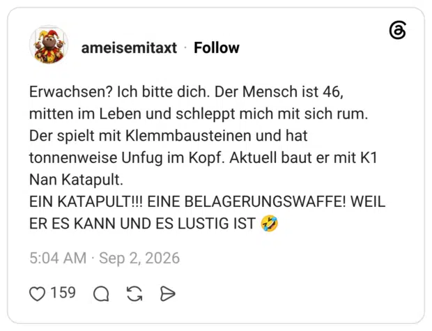 Erwachsen? Ich bitte dich. Der Mensch ist 46, mitten im Leben und schleppt mich mit sich rum. Der spielt mit Klemmbausteinen und hat tonnenweise Unfug im Kopf. Aktuell baut er mit K1 Nan Katapult. ΕΙΝ ΚΑΤΑPULT!!! EINE BELAGERUNGSWAFFE! WEIL ER ES KANN UND ES LUSTIG IST