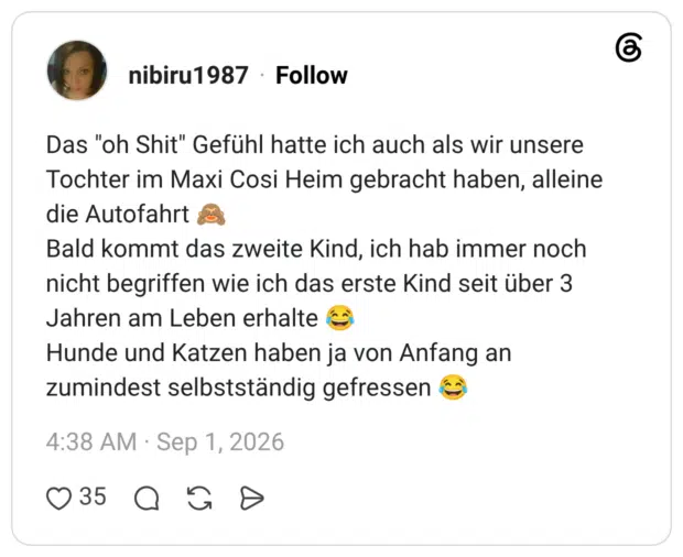 Das "oh Shit" Gefühl hatte ich auch als wir unsere Tochter im Maxi Cosi Heim gebracht haben, alleine die Autofahrt Bald kommt das zweite Kind, ich hab immer noch nicht begriffen wie ich das erste Kind seit über 3 Jahren am Leben erhalte Hunde und Katzen haben ja von Anfang an zumindest selbstständig gefressen