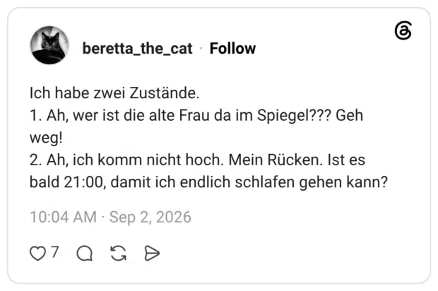 Ich habe zwei Zustände. 1. Ah, wer ist die alte Frau da im Spiegel??? Geh weg! 2. Ah, ich komm nicht hoch. Mein Rücken. Ist es bald 21:00, damit ich endlich schlafen gehen kann?