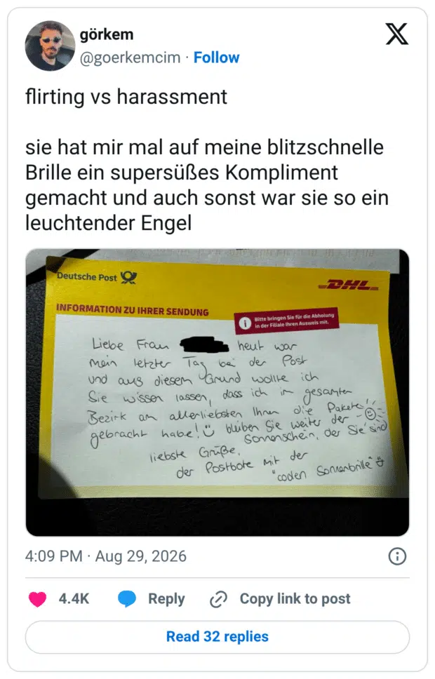 flirting vs harassment sie hat mir mal auf meine blitzschnelle Brille ein supersüßes Kompliment gemacht und auch sonst war sie so ein leuchtender Engel