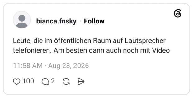 Leute, die im öffentlichen Raum auf Lautsprecher telefonieren. Am besten dann auch noch mit Video