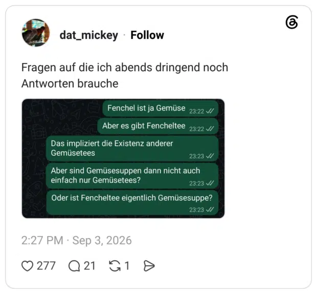 Fragen auf die ich abends dringend noch Antworten brauche