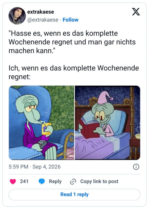 "Hasse es, wenn es das komplette Wochenende regnet und man gar nichts machen kann." Ich, wenn es das komplette Wochenende regnet: