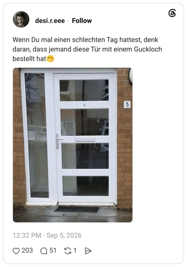 Wenn Du mal einen schlechten Tag hattest, denk daran, dass jemand diese Tür mit einem Guckloch bestellt hat