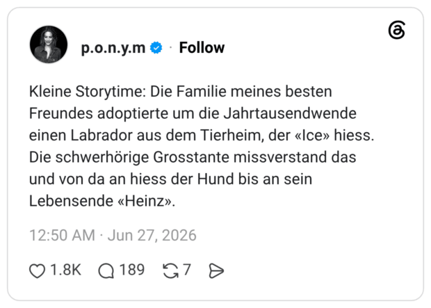 Kleine Storytime: Die Familie meines besten Freundes adoptierte um die Jahrtausendwende einen Labrador aus dem Tierheim, der «Ice» hiess. Die schwerhörige Grosstante missverstand das und von da an hiess der Hund bis an sein Lebensende «Heinz».