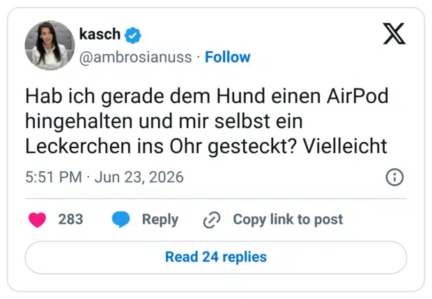 Hab ich gerade dem Hund einen AirPod hingehalten und mir selbst ein Leckerchen ins Ohr gesteckt? Vielleicht
