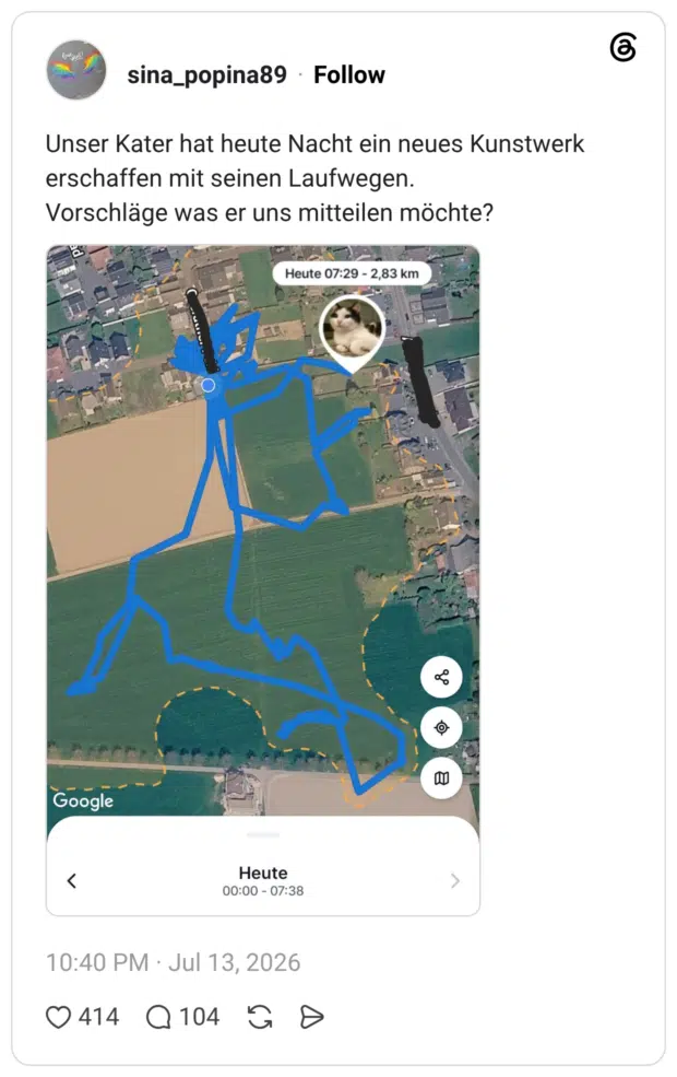 Unser Kater hat heute Nacht ein neues Kunstwerk erschaffen mit seinen Laufwegen. Vorschläge was er uns mitteilen möchte?