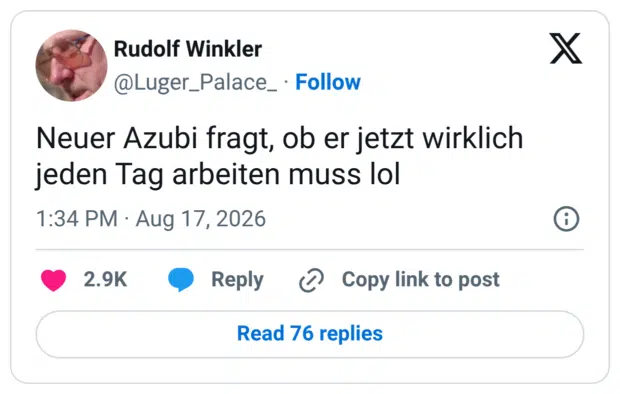 Neuer Azubi fragt, ob er jetzt wirklich jeden Tag arbeiten muss lol