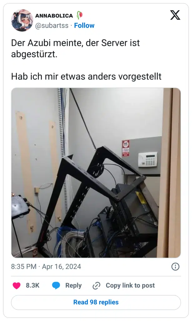 Der Azubi meinte, der Server ist abgestürzt. Hab ich mir etwas anders vorgestellt