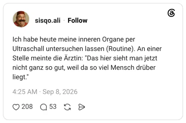 Ich habe heute meine inneren Organe per Ultraschall untersuchen lassen (Routine). An einer Stelle meinte die Ärztin: "Das hier sieht man jetzt nicht ganz so gut, weil da so viel Mensch drüber liegt
