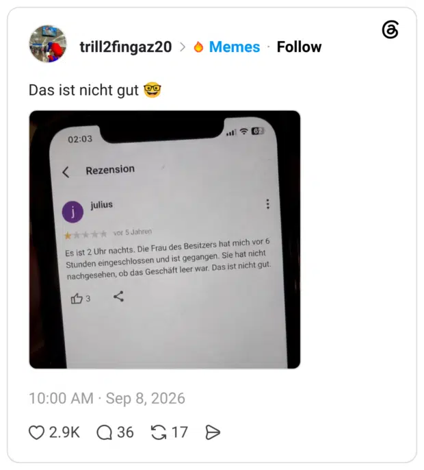Jahren Es ist 2 Uhr nachts. Die Frau des Besitzers hat mich vor 6 Stunden eingeschlossen und ist gegangen. Sie hat nicht nachgesehen, ob das Geschäft leer war. Das ist nicht gut. Das ist nicht gut