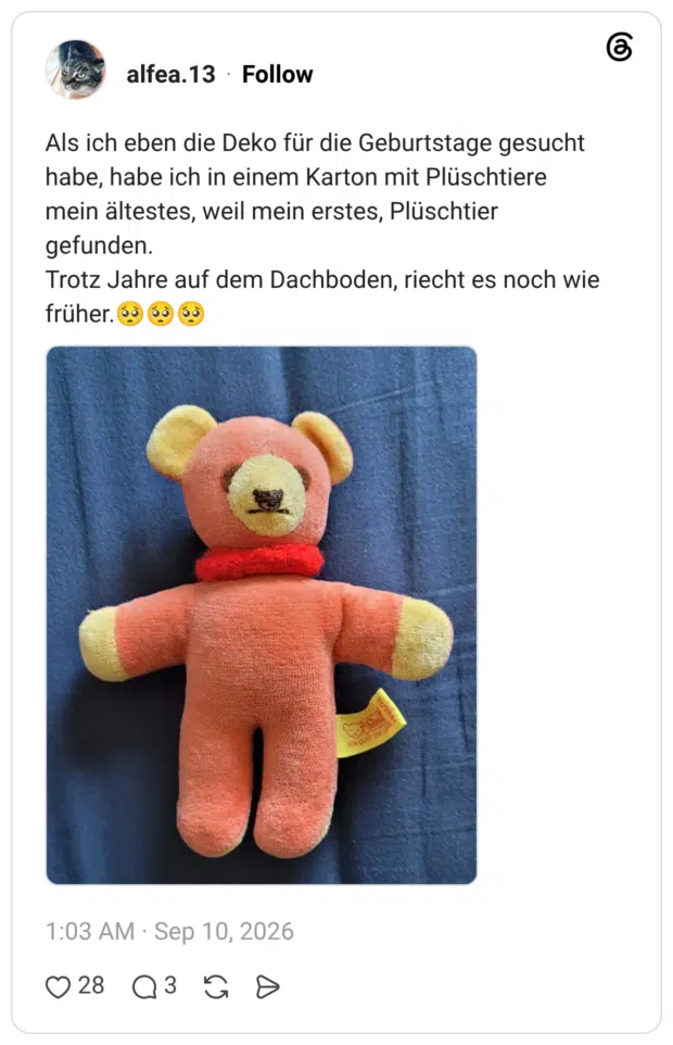 Als ich eben die Deko für die Geburtstage gesucht habe, habe ich in einem Karton mit Plüschtiere mein ältestes, weil mein erstes, Plüschtier gefunden. Trotz Jahre auf dem Dachboden, riecht es noch wie früher.🥺🥺🥺