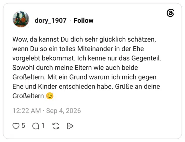 Wow, da kannst Du dich sehr glücklich schätzen, wenn Du so ein tolles Miteinander in der Ehe vorgelebt bekommst. Ich kenne nur das Gegenteil. Sowohl durch meine Eltern wie auch beide Großeltern. Mit ein Grund warum ich mich gegen Ehe und Kinder entschieden habe. Grüße an deine Großeltern