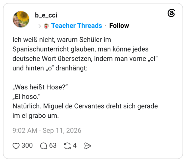 Ich weiß nicht, warum Schüler im Spanischunterricht glauben, man könne jedes deutsche Wort übersetzen, indem man vorne „el“ und hinten „o“ dranhängt: „Was heißt Hose?“ „El hoso.“ Natürlich. Miguel de Cervantes dreht sich gerade im el grabo um.