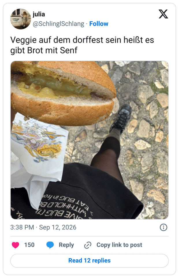 Veggie auf dem dorffest sein heißt es gibt Brot mit Senf