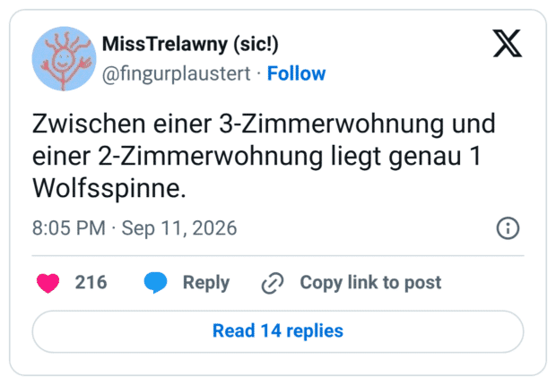 Zwischen einer 3-Zimmerwohnung und einer 2-Zimmerwohnung liegt genau 1 Wolfsspinne.