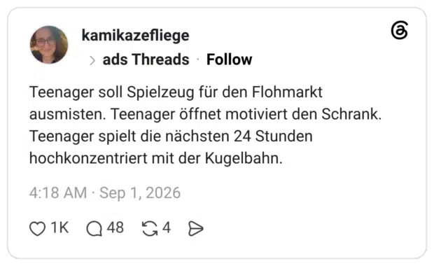 Teenager soll Spielzeug für den Flohmarkt ausmisten. Teenager öffnet motiviert den Schrank. Teenager spielt die nächsten 24 Stunden hochkonzentriert mit der Kugelbahn.