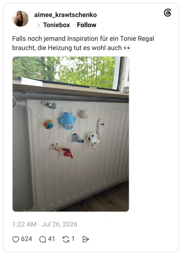 Falls noch jemand Inspiration für ein Tonie Regal braucht, die Heizung tut es wohl auch